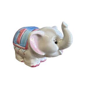 Vintage Ceramic Blue Elephant Bank With Stopper Saddle Korea